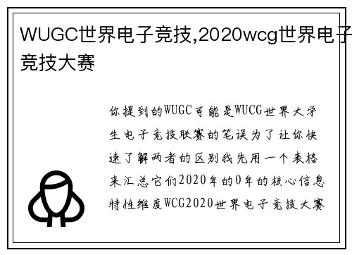 WUGC世界电子竞技,2020wcg世界电子竞技大赛